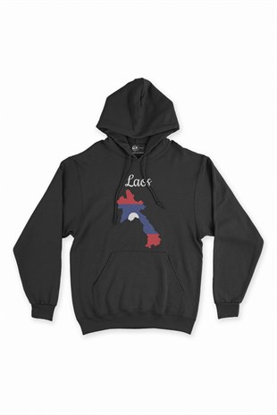 Laos Haritalı ve Bayraklı Siyah Kapşonlu Sweatshirt Hoodie