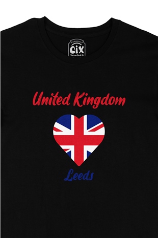 Leeds İngiltere Bayraklı Kalpli Siyah Tişört