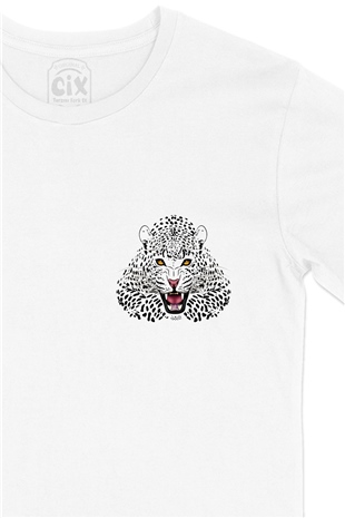 Leopar Cep Logo Tasarımlı Beyaz Tişört