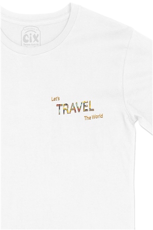 Lets Travel The World Cep Logo Tasarımlı Beyaz Tişört