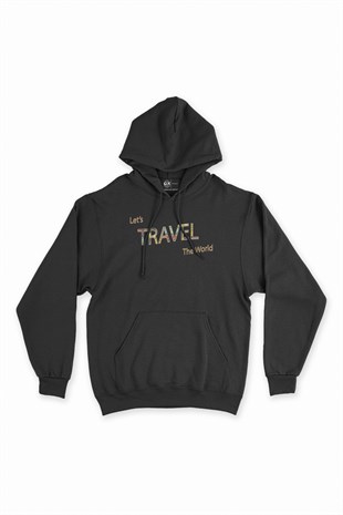 Lets Travel The World Siyah Kapşonlu Sweatshirt Hoodie