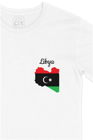 Libya Haritalı ve Bayraklı Cep Logo Tasarımlı Beyaz Tişört