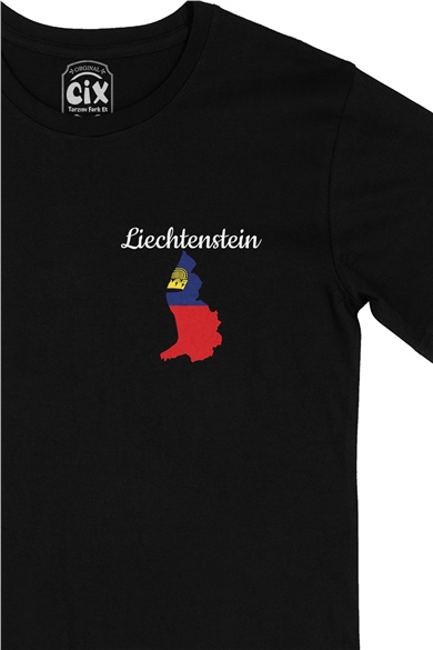 Lihtenştayn Haritalı ve Bayraklı Cep Logo Tasarımlı Siyah Tişört