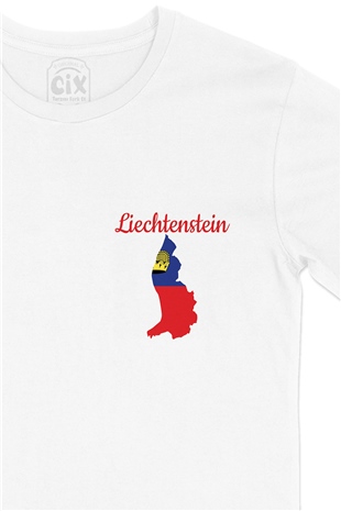 Lihtenştayn Haritalı ve Bayraklı Cep Logo Tasarımlı Beyaz Tişört