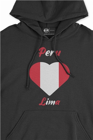 Lima Peru Bayraklı Kalpli Siyah Sweatshirt Hoodie