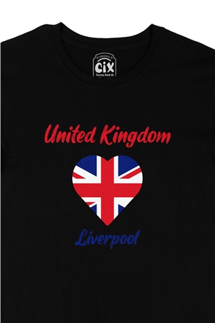 Liverpol İngiltere Bayraklı Kalpli Siyah Tişört