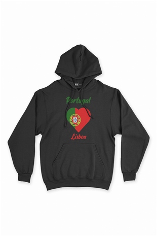 Lizbon Portekiz Bayraklı Kalpli Siyah Sweatshirt Hoodie