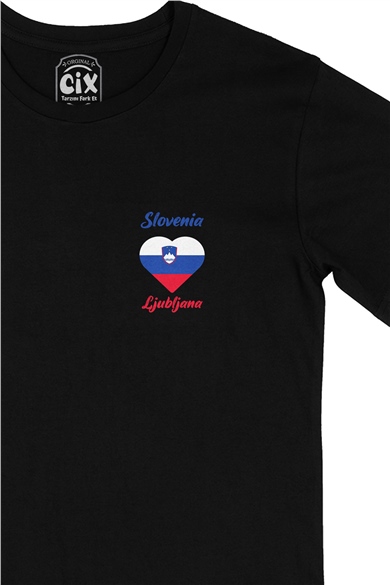 Ljubljana Slovenya Bayraklı Kalpli Cep Logo Tasarımlı Siyah Tişört