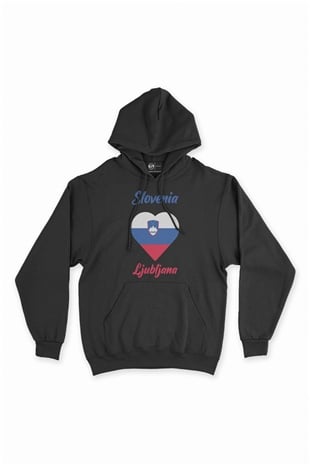 Ljubljana Slovenya Bayraklı Kalpli Siyah Sweatshirt Hoodie