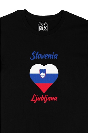 Ljubljana Slovenya Bayraklı Kalpli Siyah Tişört