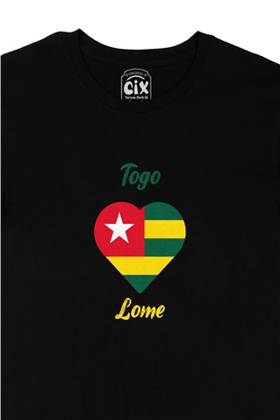 Lome Togo Bayraklı Kalpli Siyah Tişört