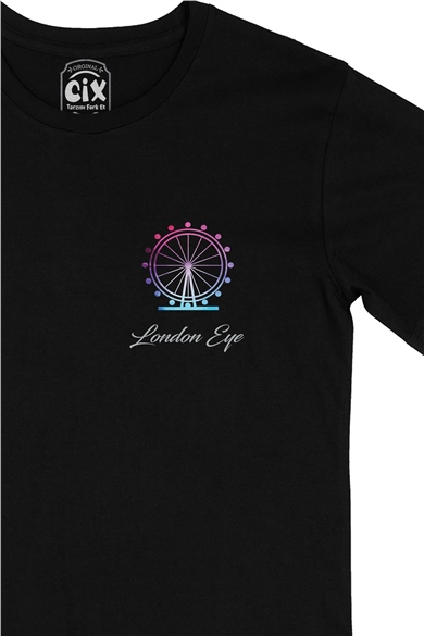 London Eye Cep Logo Tasarımlı Siyah Tişört