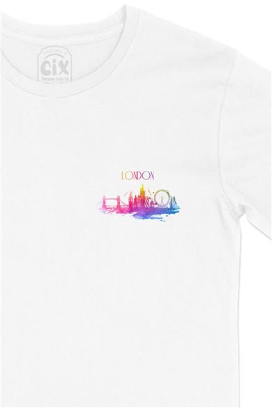 London Londra Renkli Cep Tasarım Baskılı Beyaz Tişört