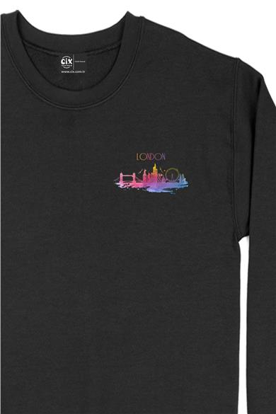 London Londra Renkli Cep Tasarım Baskılı Sweatshirt