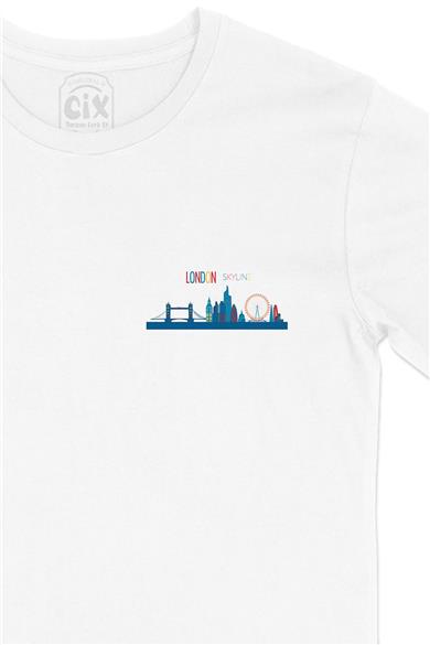 London Londra Skyline Renkli Cep Tasarım Baskılı Beyaz Tişört