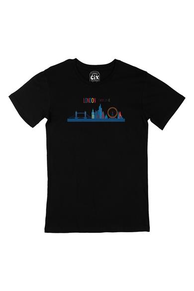 London Londra Skyline Renkli Siyah Tişört