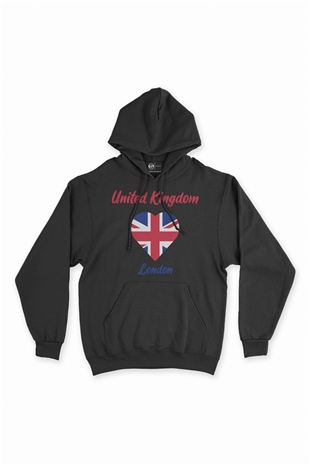 Londra İngiltere Bayraklı Kalpli Siyah Sweatshirt Hoodie