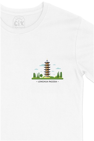 Longhua Tapınağı Cep Logo Tasarımlı Beyaz Tişört