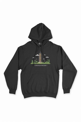 Longhua Tapınağı Siyah Kapşonlu Sweatshirt Hoodie