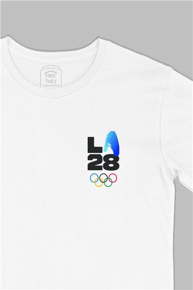 Los Angeles 2028 LA Olimpiyat Logo Baskılı Cep Tasarım Beyaz Tişört