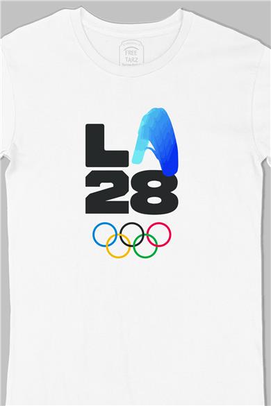 Los Angeles 2028 LA Olimpiyat Logo Büyük Baskılı Beyaz Tişört