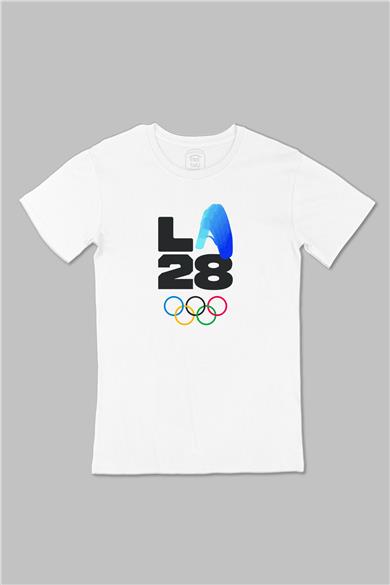 Los Angeles 2028 LA Olimpiyat Logo Büyük Baskılı Beyaz Tişört