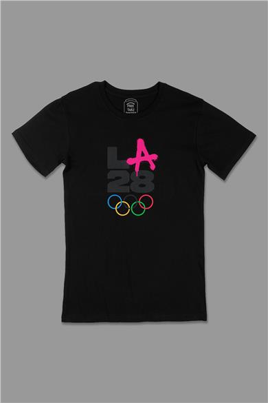 Los Angeles 2028 Olimpiyat Büyük Baskılı Siyah Tişört