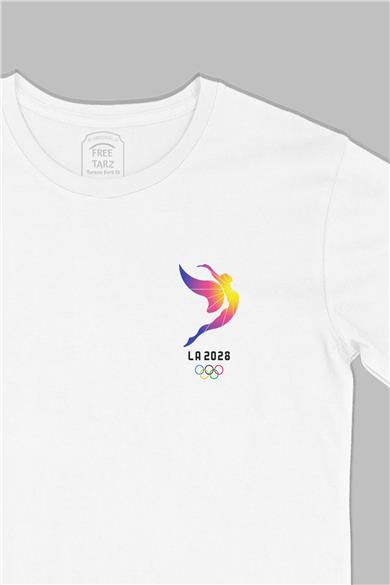 Los Angeles 2028 Olimpiyat Logo Baskılı Cep Tasarım Beyaz Tişört