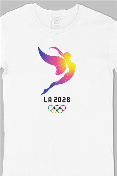 Los Angeles 2028 Olimpiyat Logo Büyük Baskılı Beyaz Tişört