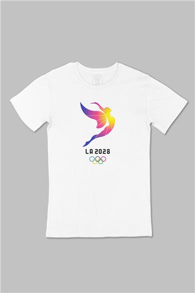 Los Angeles 2028 Olimpiyat Logo Büyük Baskılı Beyaz Tişört