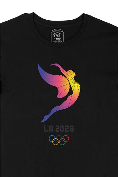Los Angeles 2028 Olimpiyat Logo Büyük Baskılı Siyah Tişört