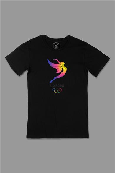 Los Angeles 2028 Olimpiyat Logo Büyük Baskılı Siyah Tişört