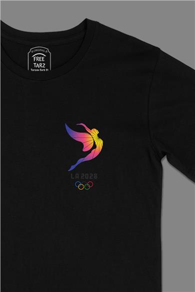 Los Angeles 2028 Olimpiyat Logo Cep Tasarımlı Siyah Tişört
