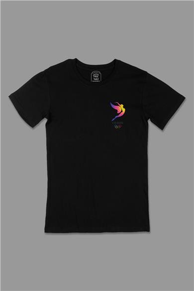 Los Angeles 2028 Olimpiyat Logo Cep Tasarımlı Siyah Tişört