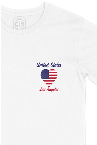 Los Angeles Amerika Bayraklı Kalpli Cep Logo Tasarımlı Beyaz Tişört