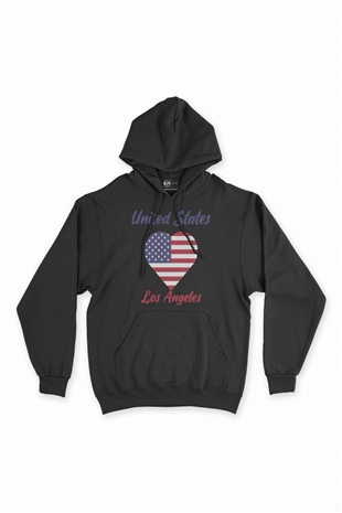 Los Angeles Amerika Bayraklı Kalpli Siyah Sweatshirt Hoodie