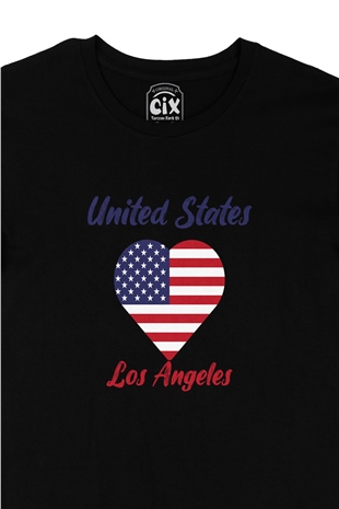 Los Angeles Amerika Bayraklı Kalpli Siyah Tişört