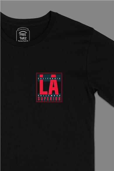 Los Angeles California ABD Cep Tasarımlı Siyah Tişört