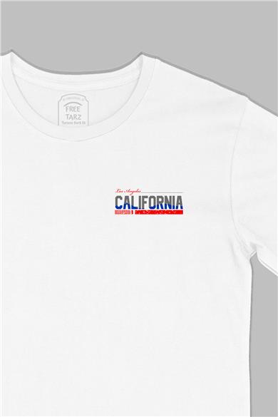 Los Angeles California USA Baskılı Cep Tasarım Beyaz Tişört