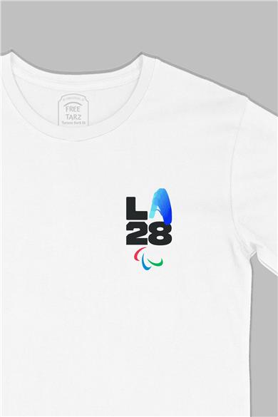 Los Angeles LA 2028 Olimpiyat Logo Baskılı Cep Tasarım Beyaz Tişört