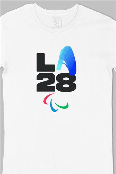 Los Angeles LA 2028 Olimpiyat Logo Büyük Baskılı Beyaz Tişört