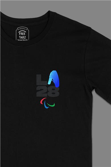 Los Angeles LA 2028 Olimpiyat Logo Cep Tasarımlı Siyah Tişört