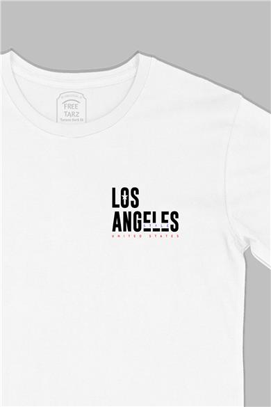 Los Angeles Style Baskılı Cep Tasarım Beyaz Tişört