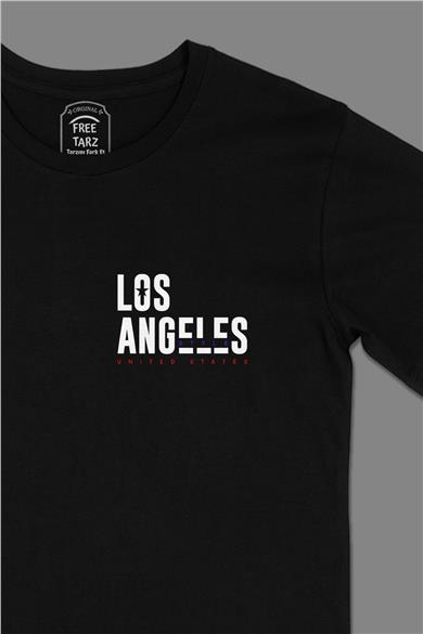 Los Angeles United States Cep Tasarımlı Siyah Tişört