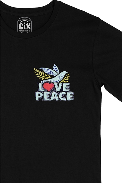 Love And Peace Cep Logo Tasarımlı Siyah Tişört