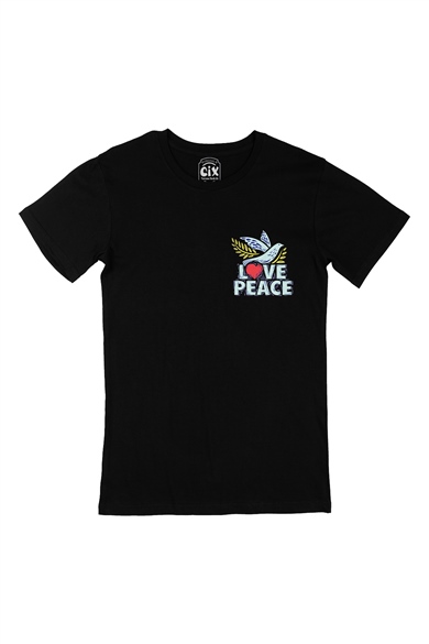 Love And Peace Cep Logo Tasarımlı Siyah Tişört