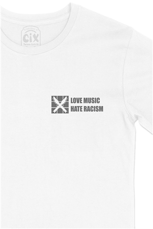Love Music Hate Racism Cep Logo Tasarımlı Beyaz Tişört