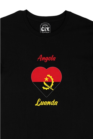 Luanda Angola  Bayraklı Kalpli Siyah Tişört