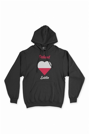 Lublin Polonya Bayraklı Kalpli Siyah Sweatshirt Hoodie