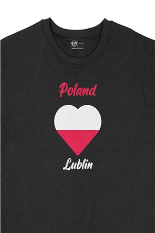 Lublin Polonya Bayraklı Kalpli Siyah Sweatshirt